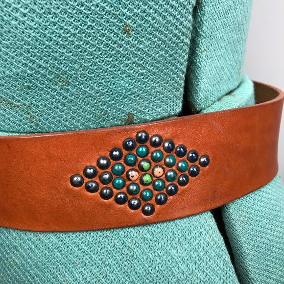 Genuine Leather Distressed Belt Metal Stud Detail Brown Boho Size Small - Picture 12 of 15